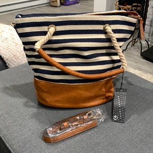 Street Level Navy and Creme Striped Tote